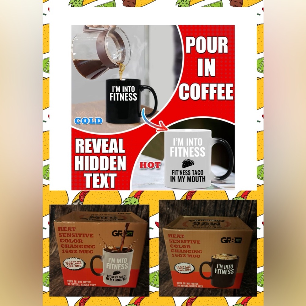 16oz Color-Changing Coffee Mug “FIT’NESS TACO…” Funny Mug (For Taco Lovers)
